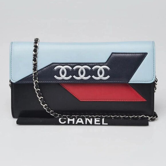 Chanel Blue/Red Lambskin Leather Airlines WOC Clutch Bag - Picture 1 of 11